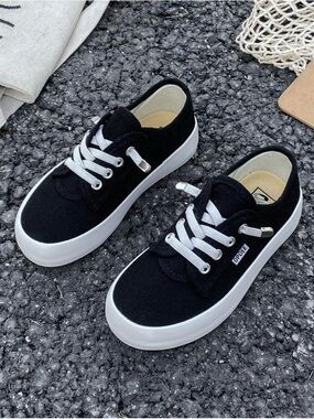 Kids Black Canvas Sneakers with White Sole